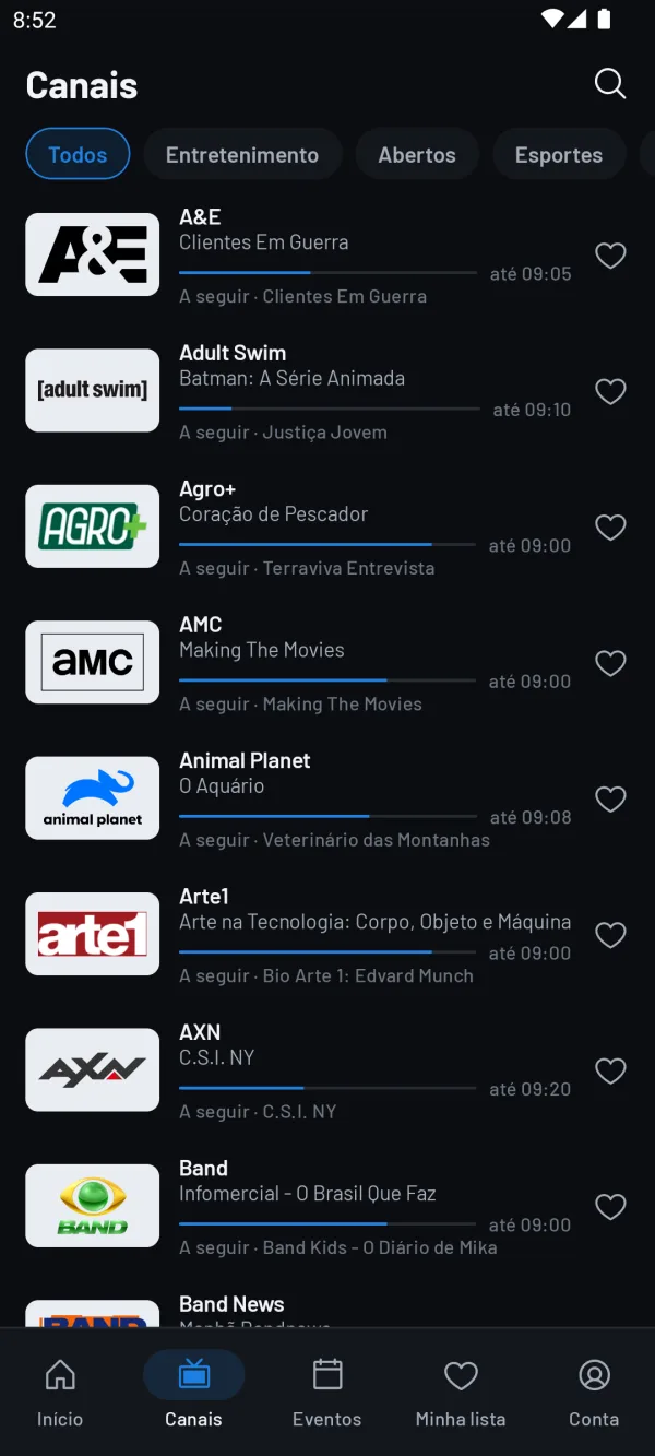 Lista de canais com o que passa agora e a seguir